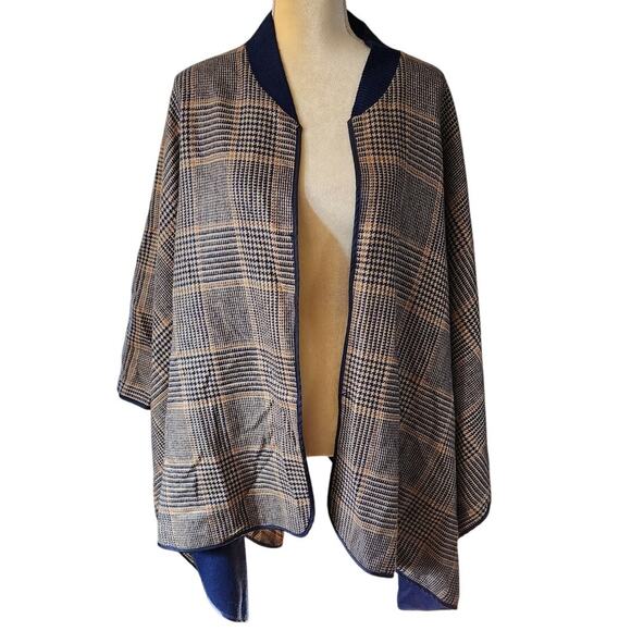 Lands' End Reversible Houndstooth Plaid Blanket Jacket Cape Mock Neck One Size - Picture 1 of 7